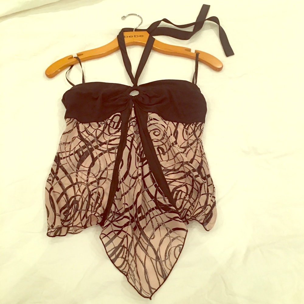 Bebe Sheer 100% Silk Black & Mauve top